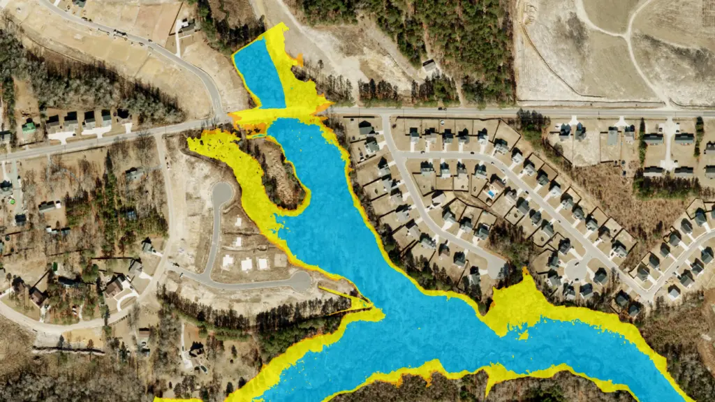 Sunny day and spillway design flood breach inundation extents downstream of Lupo Lake Dam